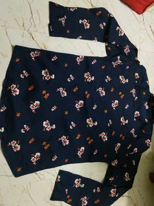 Navy Blue Floral Print Full Sleeve Top