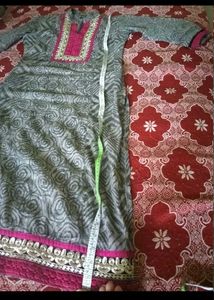 Grey Printed Kurta with Pink Border