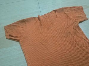 Orange Ribbed V-Neck Top