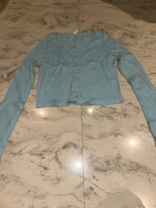 Light Blue Ribbed Button-Up Top