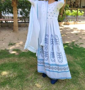 White Printed Anarkali Kurta with dupatta