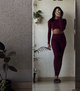 Burgundy Cropped Long Sleeve and Pant active wear