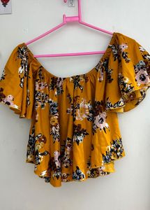 Berrylush Mustard Floral Printed Bardot Top