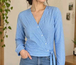 Blue Striped Wrap Top