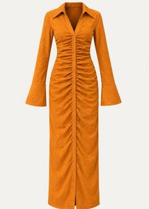 Orange Ruched Long Sleeve Dress
