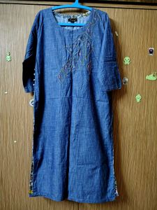 Blue Denim Style Kurta with Embroidery