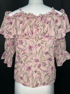 Pink Floral Cold Shoulder Ruffle Top