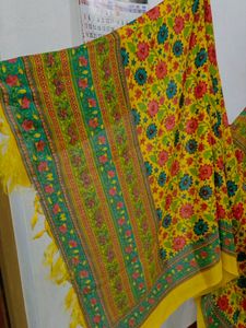 Yellow Floral Printed Dupatta With Beautiful Green Border