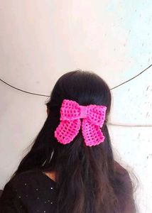 Handmade Crocheted Pink Bow Hair Clip