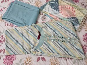 Pastel Aqua Mirror Work designer Kurta Set