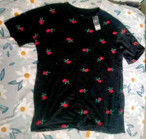 Black T-Shirt with Red Rose Print