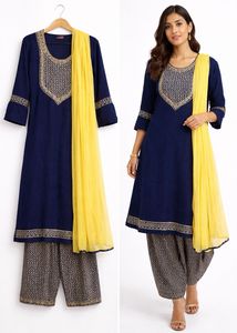 Navy Blue Embroidered Kurta Set with Dupatta