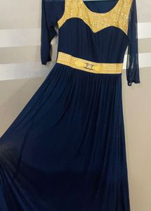 Elegant Navy Blue Gown with Belt attached