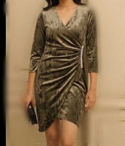 Olive Green Velvet Mini Wraplook Alike Dress