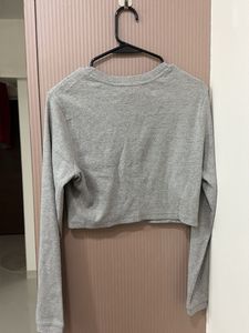 Grey Long Sleeve Cropped Henley Top