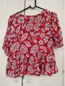 Red Floral Print Peplum Top