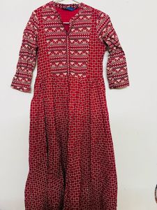 Red Printed Flared Kurta