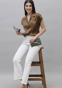 Women's Satin Brown Short Sleeve Top