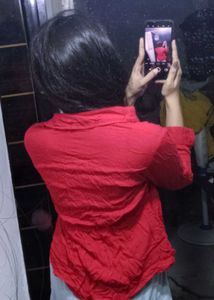 Red Collared Button-Up Shirt