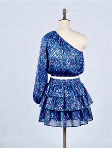 Blue Printed One-Shoulder Top &amp; Skirt Set