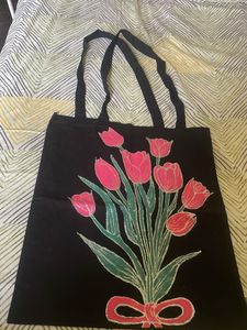 Hand painted Black Tote Bag with Tulip Design