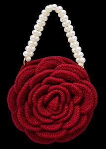 Red Rose Crochet Clutch with Pearl Handle