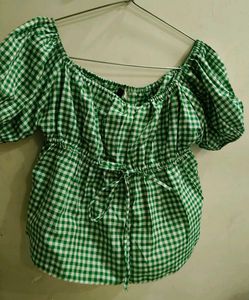 Green Gingham Off-Shoulder Puff Sleeve Top