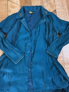 Bohemian Teal Kurta Set with Embellished Collar