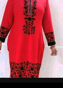 Vibrant Red Woollen Kurta with Black Embroidery
