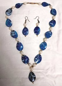 Blue &amp; White Necklace Earring Set