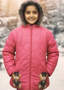 Pink Puffer Jacket with Teddy Bear Pockets