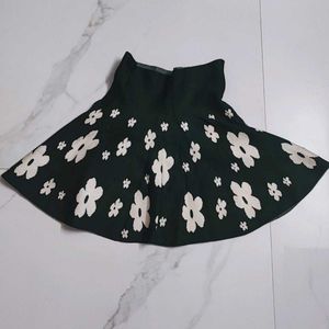 Dark Green Floral Knit Mini Skirt