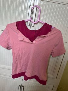 Cute Pink Two-Tone Henley Top