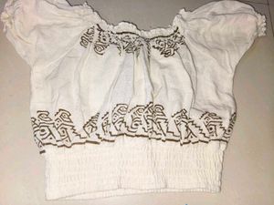 Trendy Off Shoulder White Crop Top | Smocked Waist