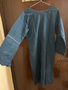Teal Blue Cotton Schiffli Kurta Set