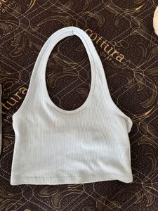 Baby Blue Ribbed Halter Neck Crop Top