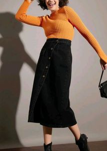 Black Denim Front Slit Midi Skirt