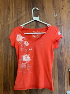 Orange V-Neck Floral Print T-Shirt