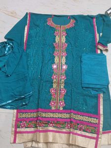 unstitched Embroidered Teal Kurta Set with Dupatta