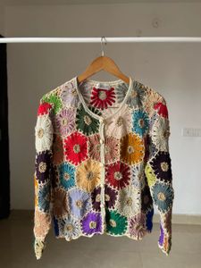 Multicoloured Floral Hand-Knit Crochet Cardigan