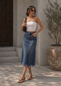 Stylish Denim Midi Skirt with Fringed Hem