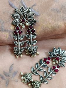 Silver Replica Earrings With Ruby Red Stones