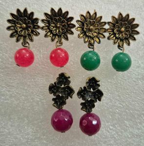 Boho Floral Dangle Earrings with Gemstones-Unused