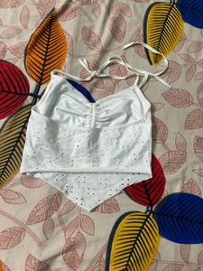 White Halter Neck Eyelet Top