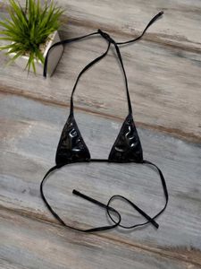 Shiny Black Faux Leather Bikini 👙