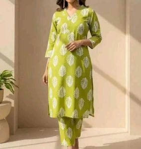 New Lime Green Leaf Print Kurta Set