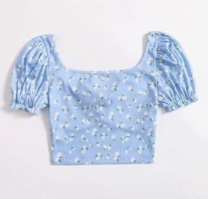 Printed Blue Puff Sleeve Tie Front Ditsy Fl