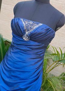 Elegant Strapless Blue Gown with Embellishments
