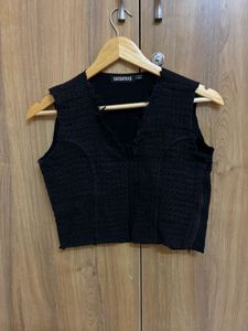 Black Textured Vest V-Neck Crop Top