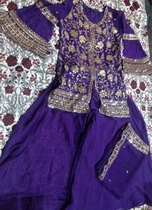 Embroidered Purple umbrella plazo kurta with dupat